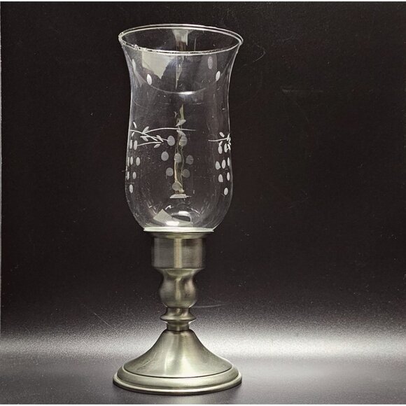 Leonard Colonial Hurricane Candlestick Holder 10" Etched Glass Pewter Base vtg 8 - Picture 1 of 9